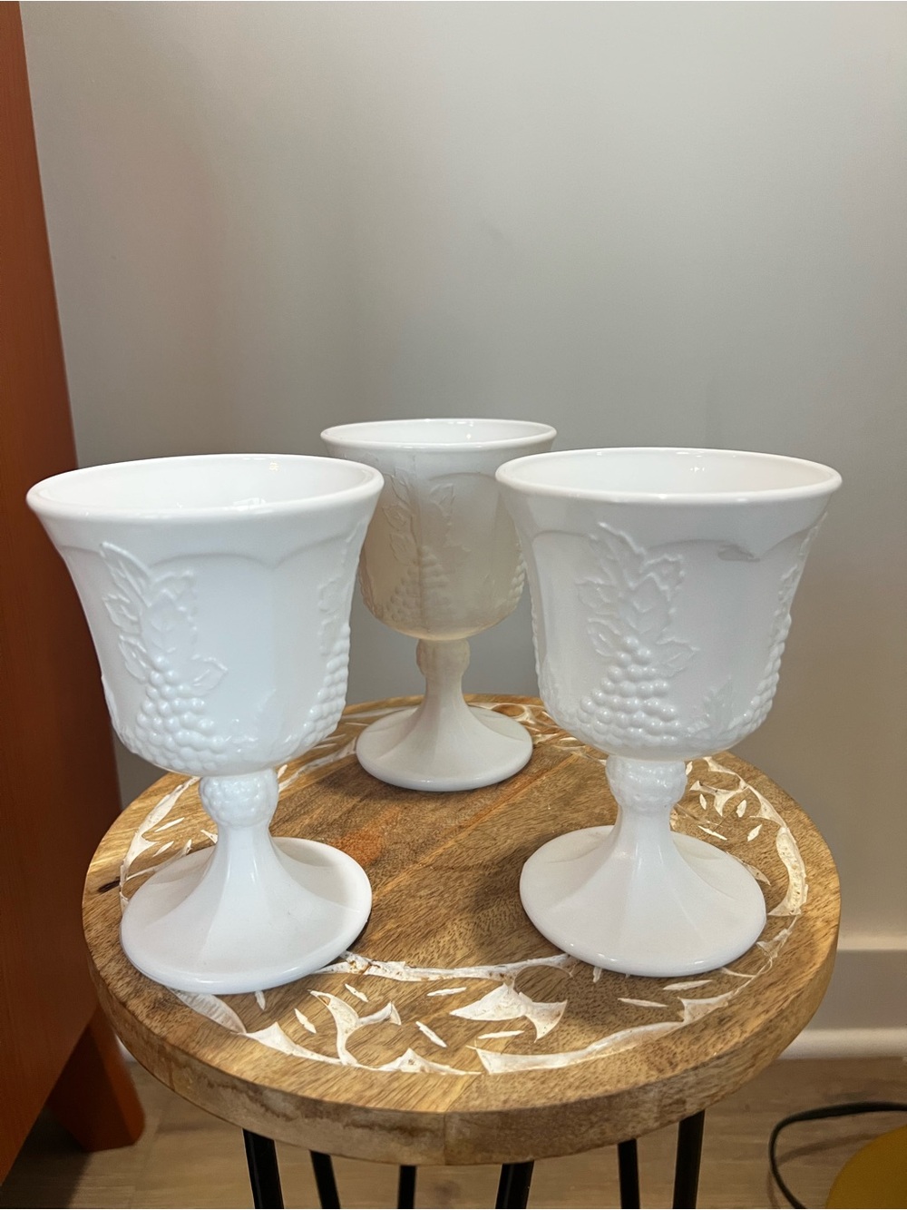 Indiana Glass White Embossed Grape Milk Glass Goblets - Home Accents Lot if 3